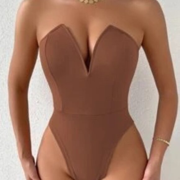 NEW! V Plunge Strapless Tank Bodysuit | BROWN - Picture 3 of 8